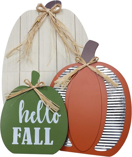 Greentek; Fall Decorations for Home Outdoor, 3 Pack 24 Inch Wooden Pumpkin Porch Decor, Red White Green Pumpkin Standing Signs with Rustic Straw Bows for Front Door, Garden, Patio, Yard & Thanksgiving Decoration; Category:Porch Signs; Image:1
